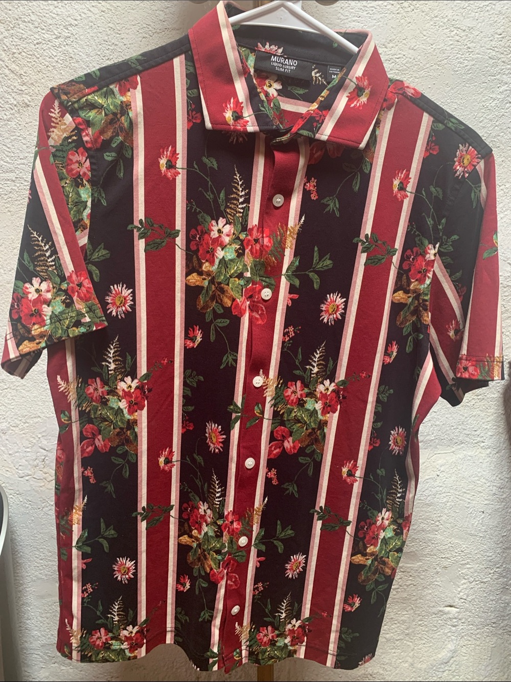 Murano Burgundy and Black Floral Stripe Short Sleeve Button-Down Shirt